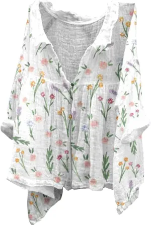 Linen Button Down Shirt Women Half Sleeve Floral Printed Shirts Casual Collared Shirt Loose Fit Blouses Summer Tops