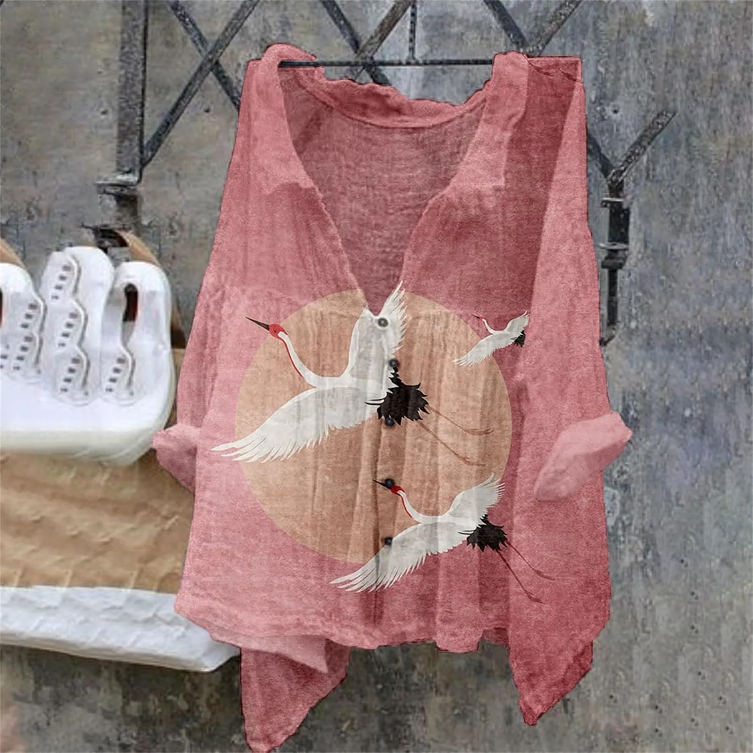 Linen Button Down Shirt Women Half Sleeve Floral Printed Shirts Casual Collared Shirt Loose Fit Blouses Summer Tops