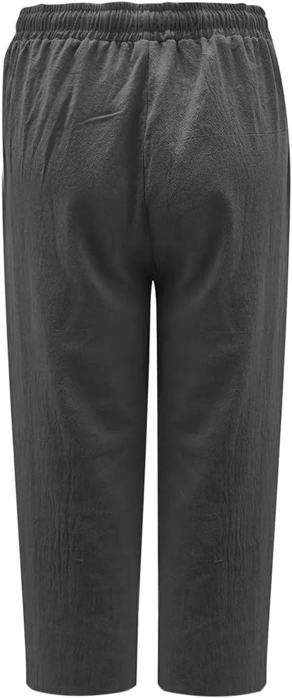 Linen Capris Pants for Women Summer Drawstring Elastic High Waist Linen Pant Straight Wide Leg Cropped Trouser Pants