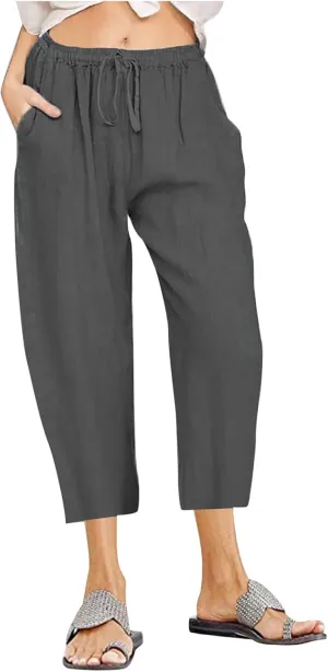 Linen Capris Pants for Women Summer Drawstring Elastic High Waist Linen Pant Straight Wide Leg Cropped Trouser Pants