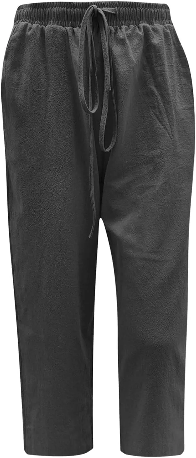 Linen Capris Pants for Women Summer Drawstring Elastic High Waist Linen Pant Straight Wide Leg Cropped Trouser Pants