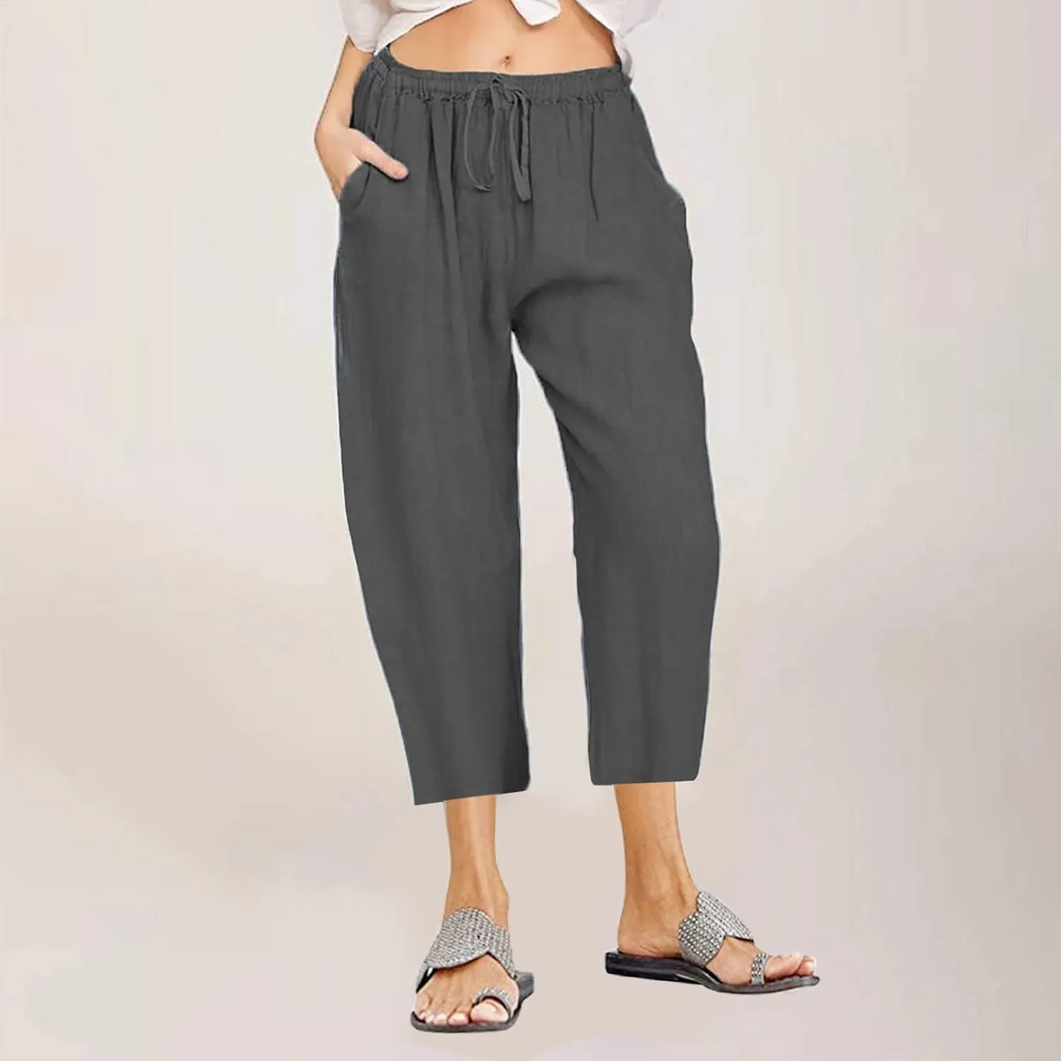 Linen Capris Pants for Women Summer Drawstring Elastic High Waist Linen Pant Straight Wide Leg Cropped Trouser Pants