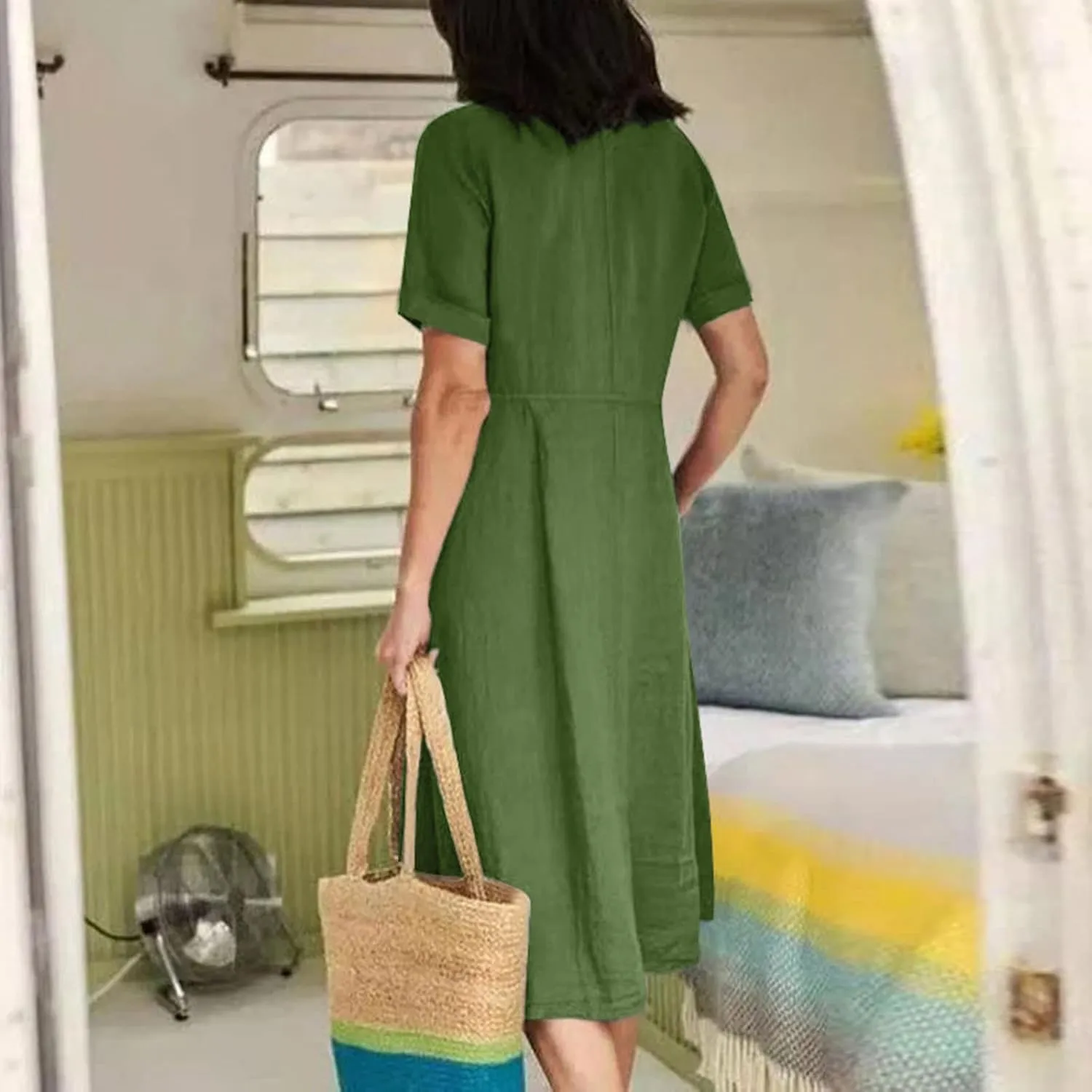 Linen Cotton Dress Women V Neck Button Down Short Sleeve Midi Dress with Pockets Beach Sundress Vacation Dresses