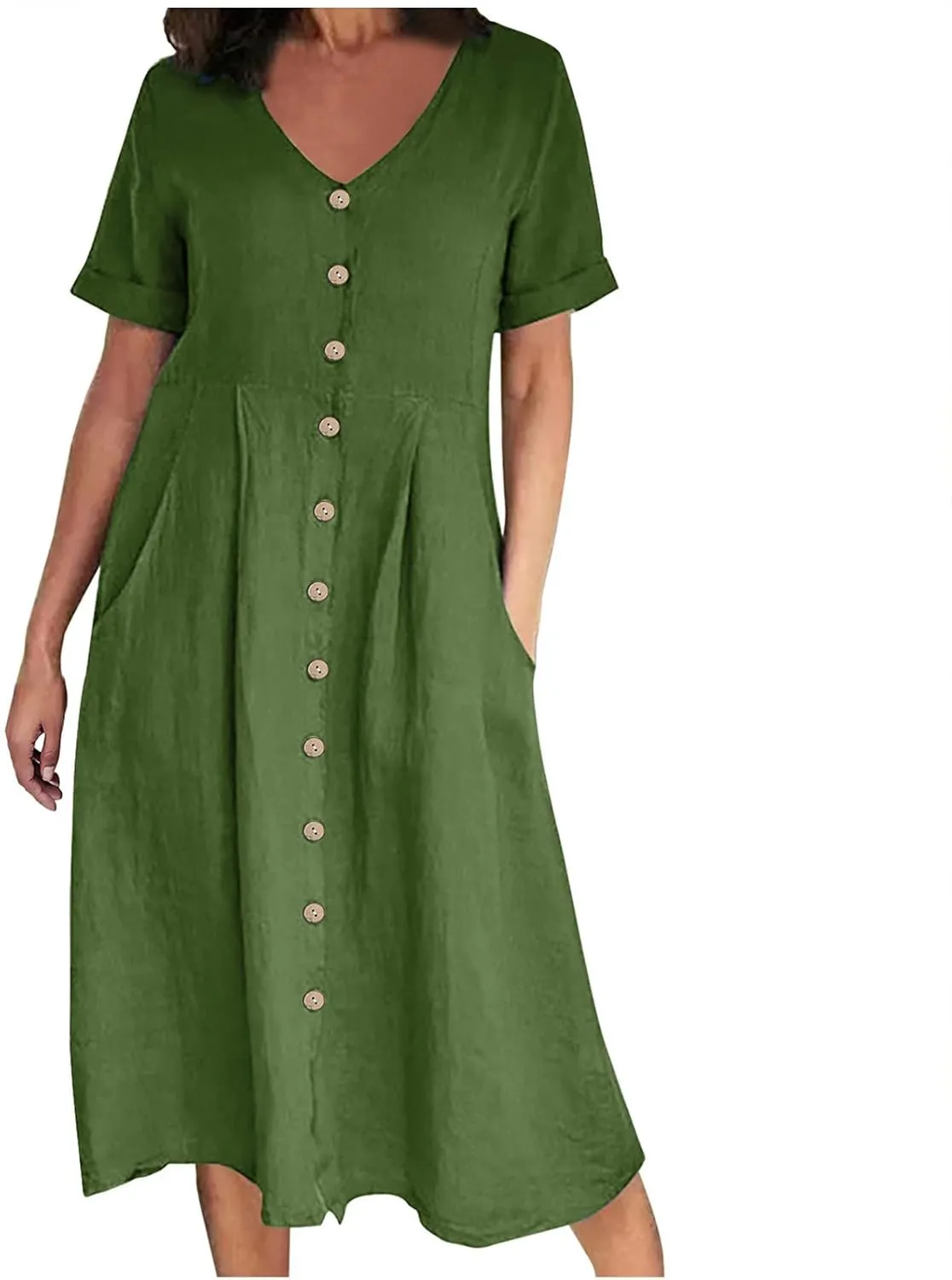 Linen Cotton Dress Women V Neck Button Down Short Sleeve Midi Dress with Pockets Beach Sundress Vacation Dresses
