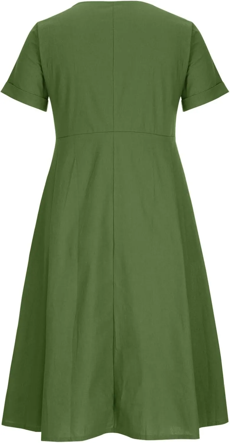 Linen Cotton Dress Women V Neck Button Down Short Sleeve Midi Dress with Pockets Beach Sundress Vacation Dresses