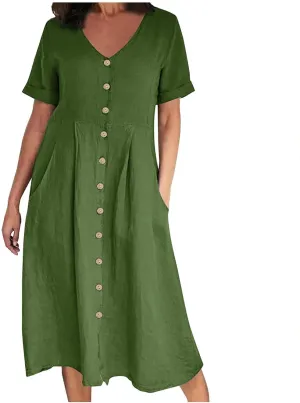 Linen Cotton Dress Women V Neck Button Down Short Sleeve Midi Dress with Pockets Beach Sundress Vacation Dresses