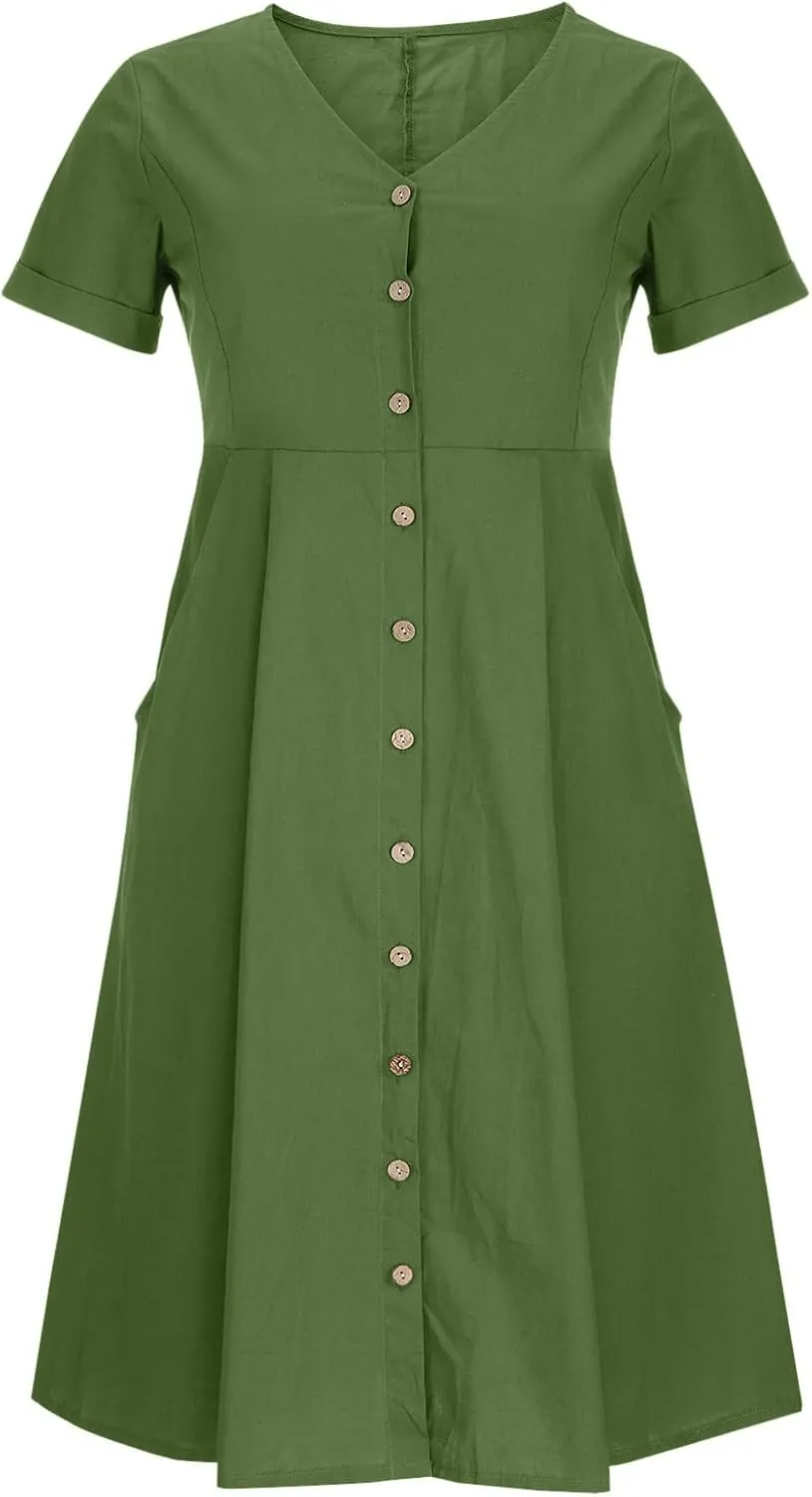 Linen Cotton Dress Women V Neck Button Down Short Sleeve Midi Dress with Pockets Beach Sundress Vacation Dresses