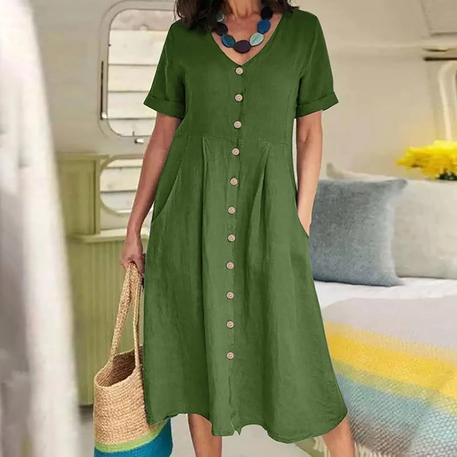 Linen Cotton Dress Women V Neck Button Down Short Sleeve Midi Dress with Pockets Beach Sundress Vacation Dresses