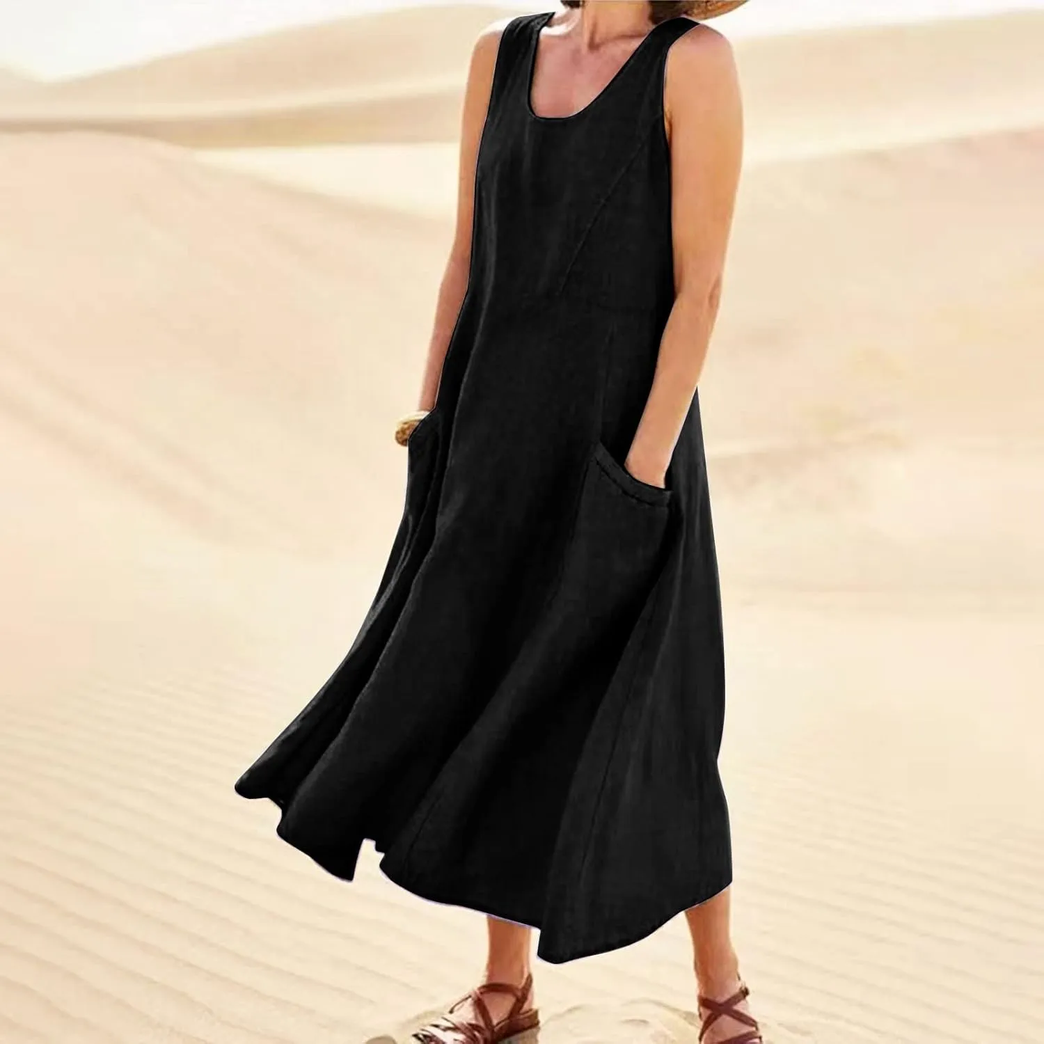 Linen Dresses for Women 2025 Casual Summer Sleeveless U Neck Flowy Maxi Dress Plus Size Boho Sundress with Pockets