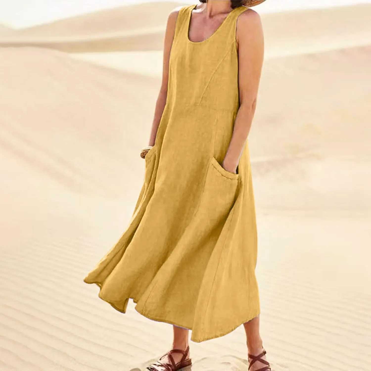Linen Dresses for Women 2025 Casual Summer Sleeveless U Neck Flowy Maxi Dress Plus Size Boho Sundress with Pockets