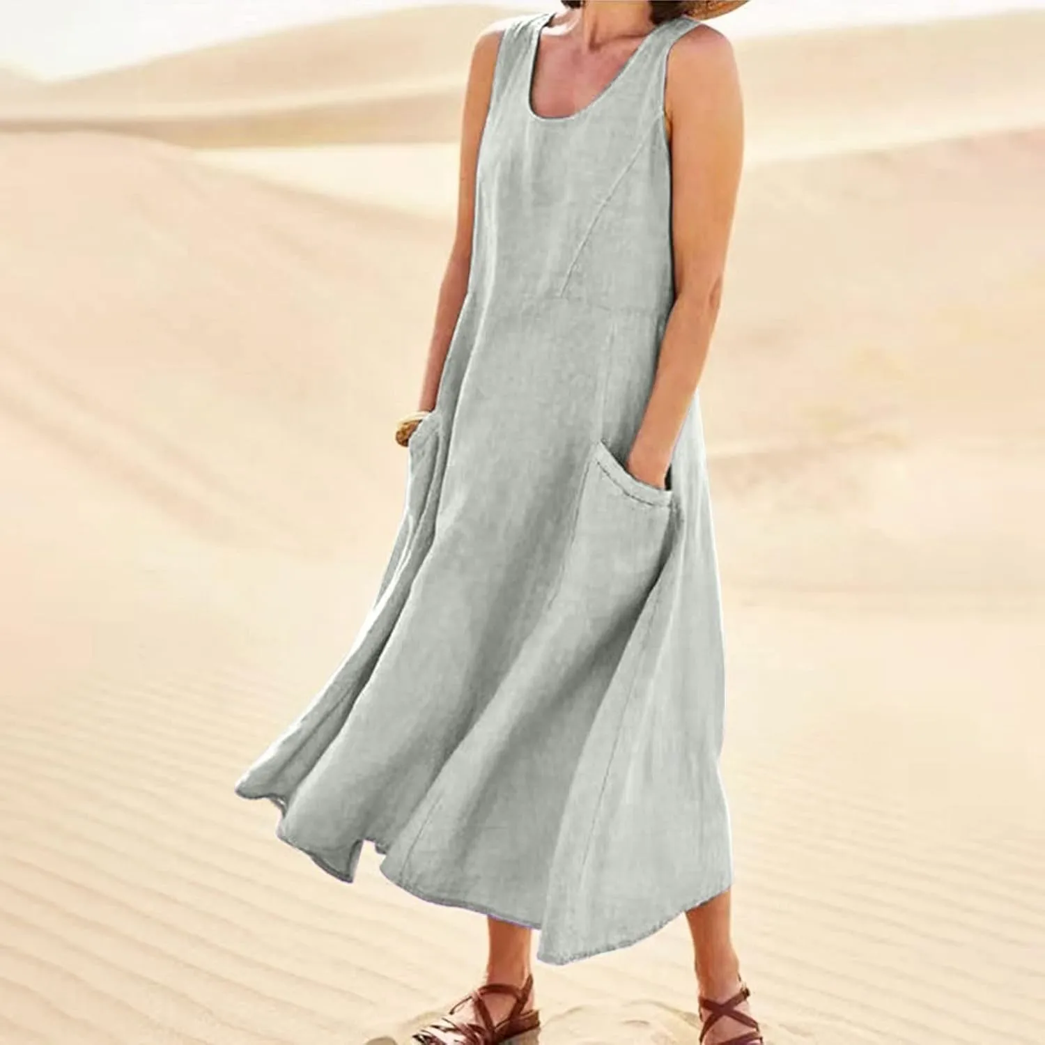 Linen Dresses for Women 2025 Casual Summer Sleeveless U Neck Flowy Maxi Dress Plus Size Boho Sundress with Pockets