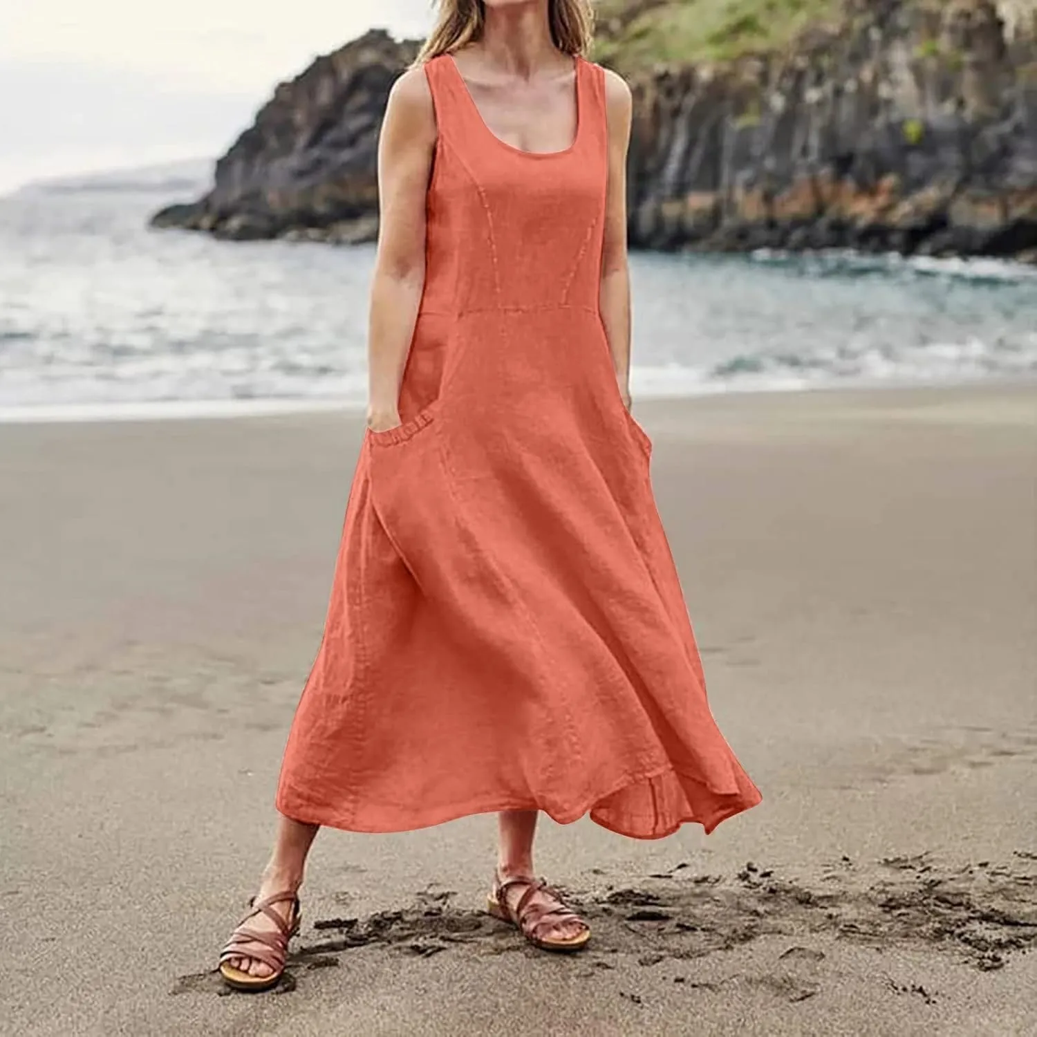 Linen Dresses for Women 2025 Casual Summer Sleeveless U Neck Flowy Maxi Dress Plus Size Boho Sundress with Pockets