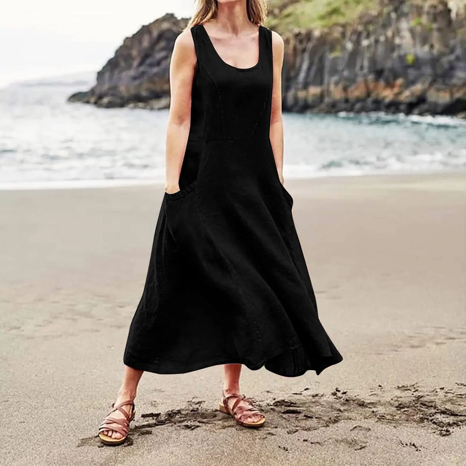 Linen Dresses for Women 2025 Casual Summer Sleeveless U Neck Flowy Maxi Dress Plus Size Boho Sundress with Pockets