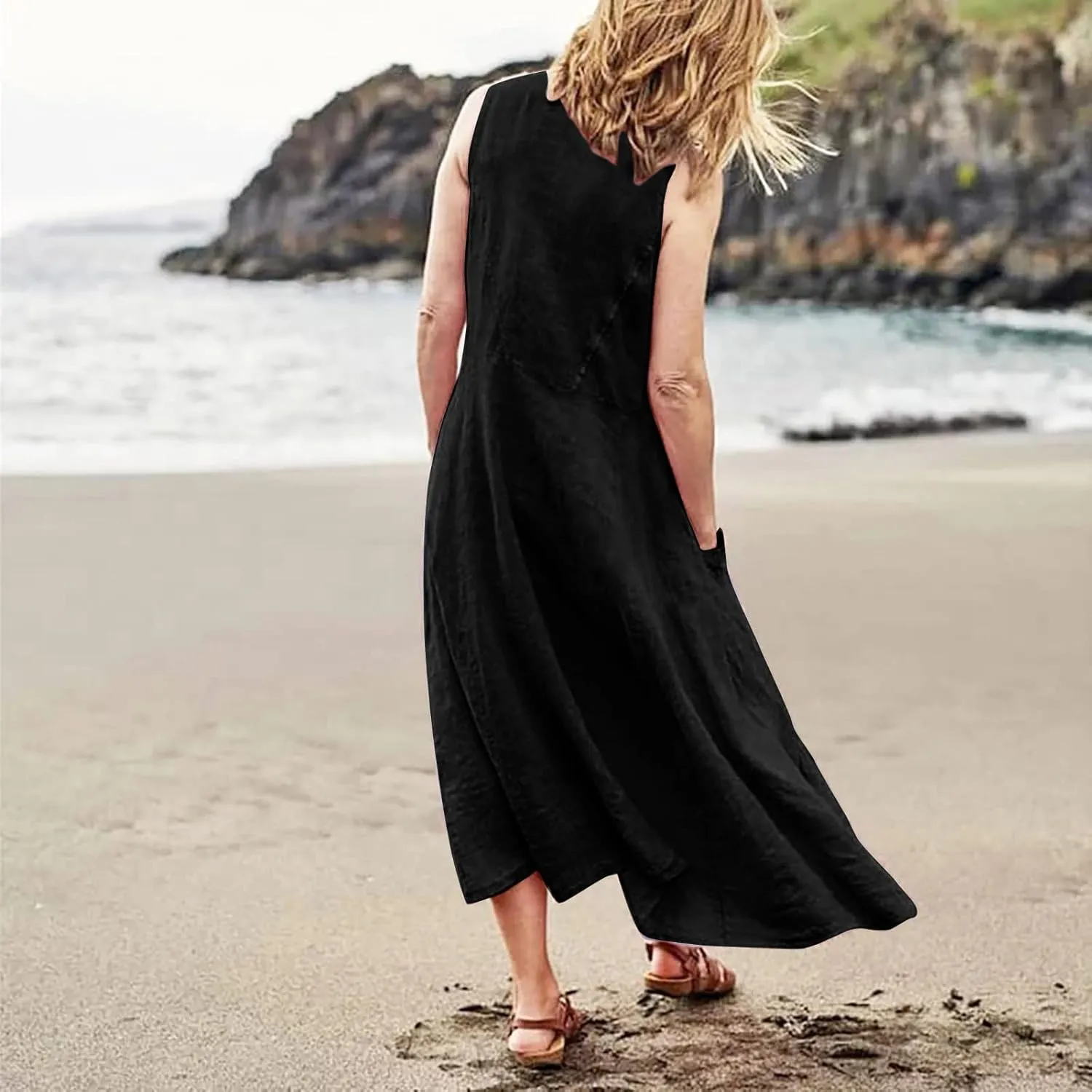 Linen Dresses for Women 2025 Casual Summer Sleeveless U Neck Flowy Maxi Dress Plus Size Boho Sundress with Pockets