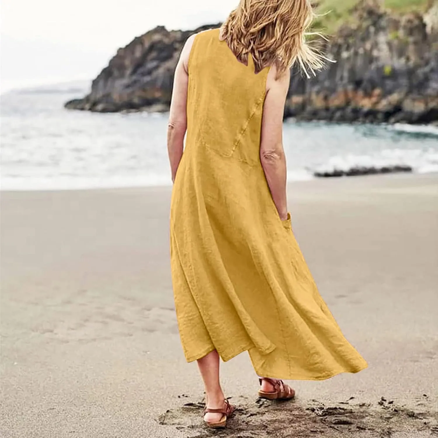 Linen Dresses for Women 2025 Casual Summer Sleeveless U Neck Flowy Maxi Dress Plus Size Boho Sundress with Pockets
