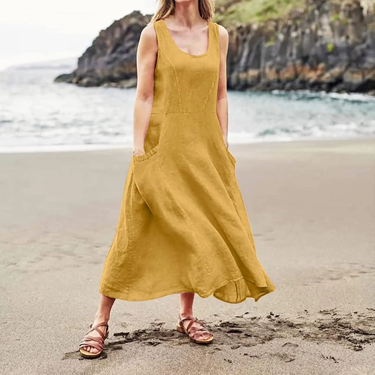 Linen Dresses for Women 2025 Casual Summer Sleeveless U Neck Flowy Maxi Dress Plus Size Boho Sundress with Pockets