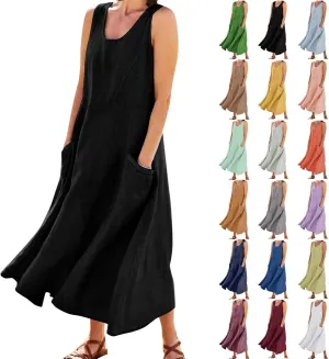 Linen Dresses for Women 2025 Casual Summer Sleeveless U Neck Flowy Maxi Dress Plus Size Boho Sundress with Pockets