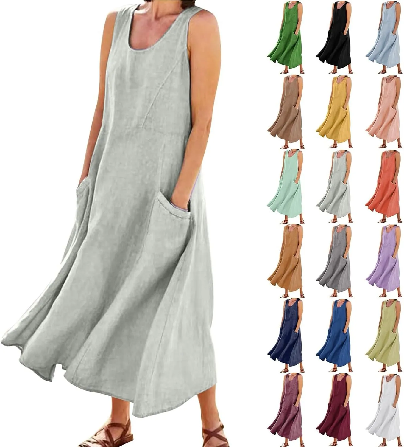 Linen Dresses for Women 2025 Casual Summer Sleeveless U Neck Flowy Maxi Dress Plus Size Boho Sundress with Pockets