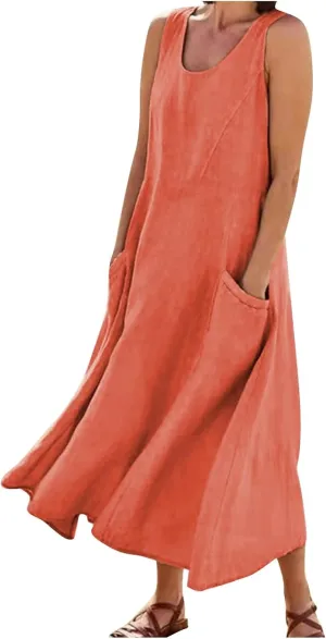 Linen Dresses for Women 2025 Casual Summer Sleeveless U Neck Flowy Maxi Dress Plus Size Boho Sundress with Pockets