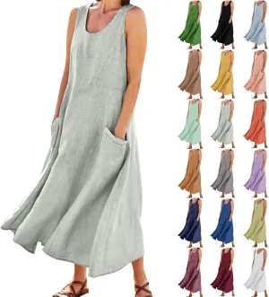 Linen Dresses for Women 2025 Casual Summer Sleeveless U Neck Flowy Maxi Dress Plus Size Boho Sundress with Pockets