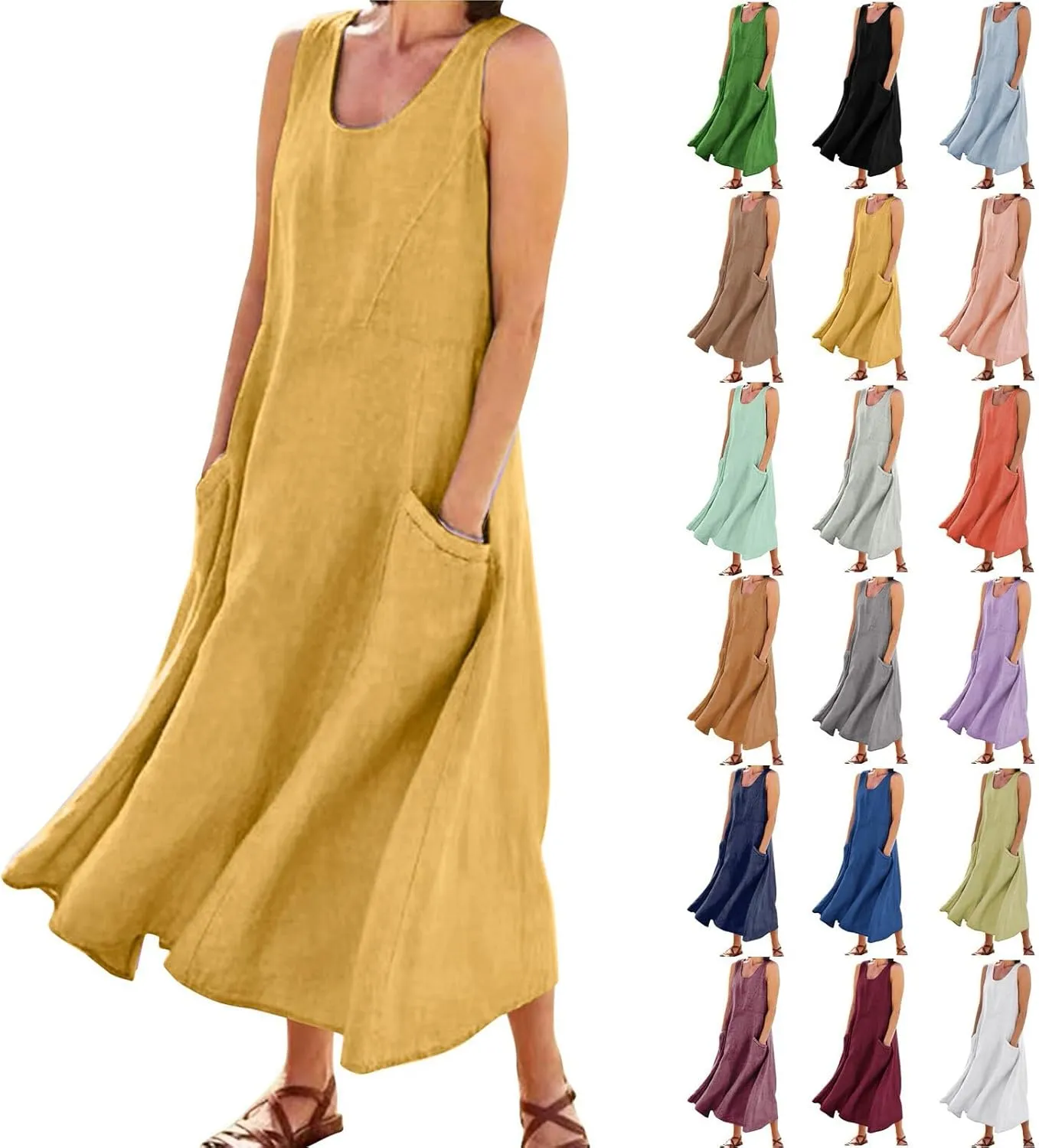 Linen Dresses for Women 2025 Casual Summer Sleeveless U Neck Flowy Maxi Dress Plus Size Boho Sundress with Pockets