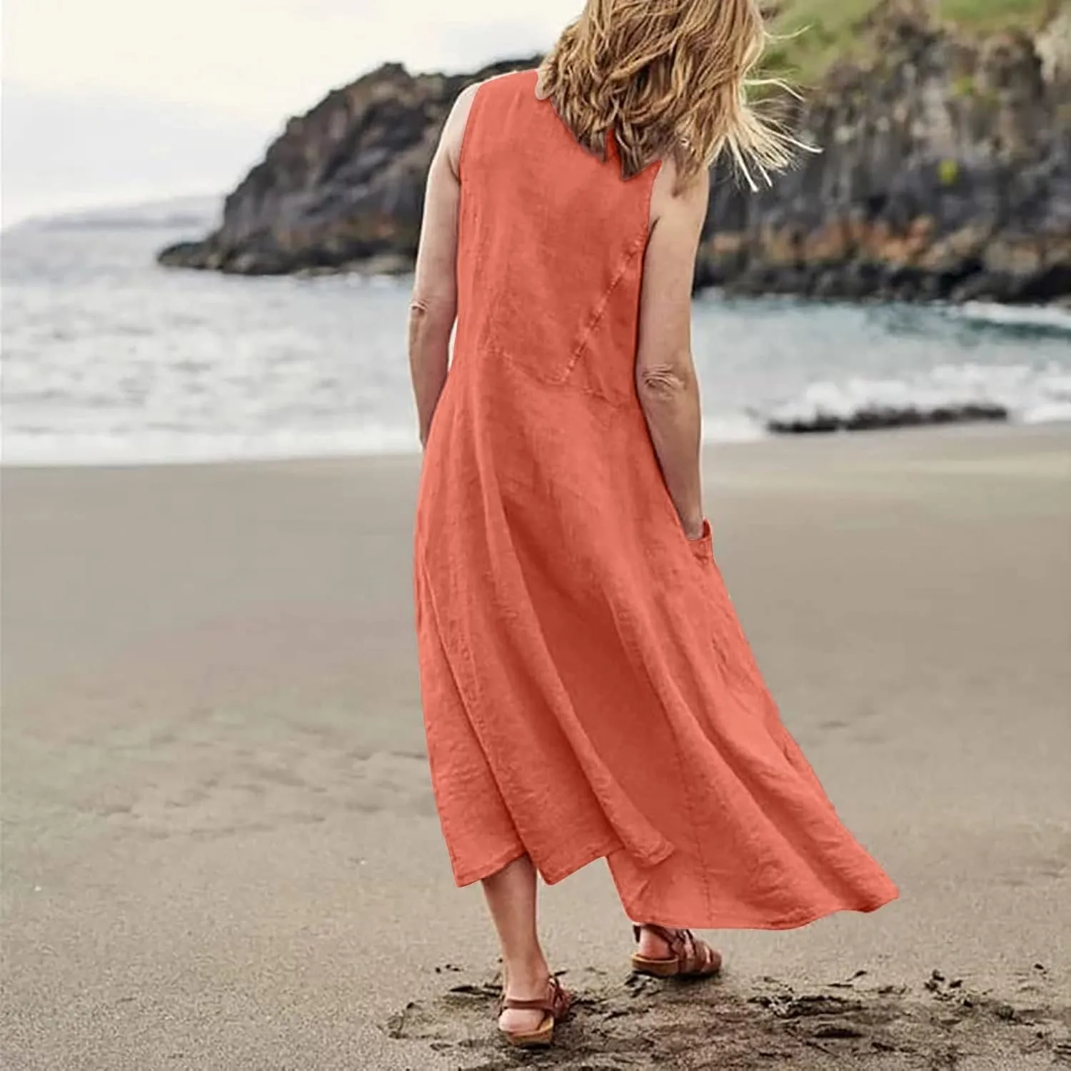Linen Dresses for Women 2025 Casual Summer Sleeveless U Neck Flowy Maxi Dress Plus Size Boho Sundress with Pockets