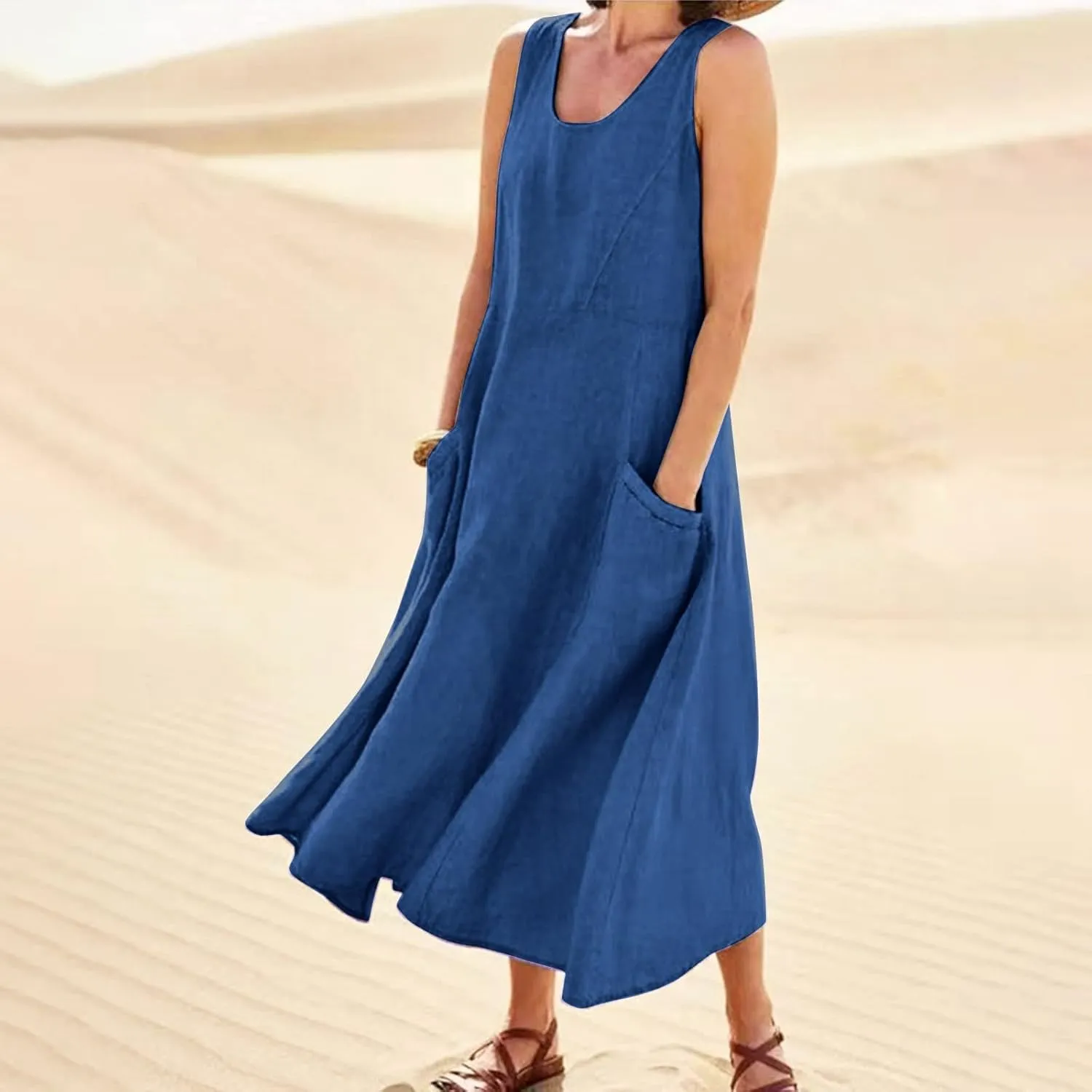Linen Dresses for Women 2025 Casual Summer Sleeveless U Neck Flowy Maxi Dress Plus Size Boho Sundress with Pockets