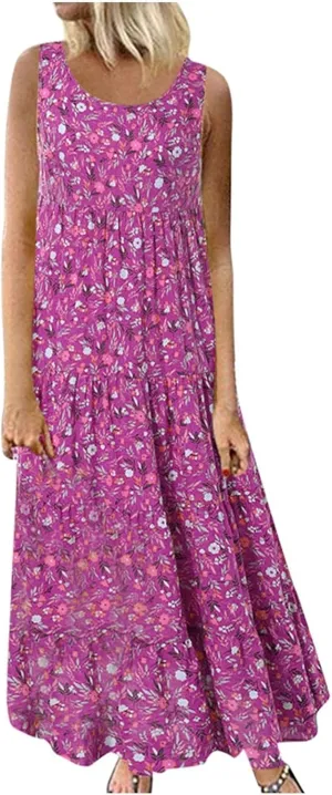 Linen Dresses for Women 2025 Fashion Floral Print Sleeveless Crewneck Sundresses Vacation Summer Boho Maxi Dresses