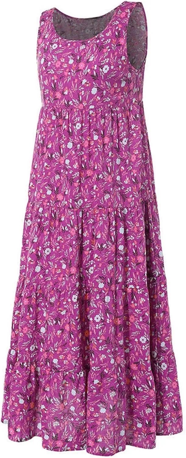 Linen Dresses for Women 2025 Fashion Floral Print Sleeveless Crewneck Sundresses Vacation Summer Boho Maxi Dresses