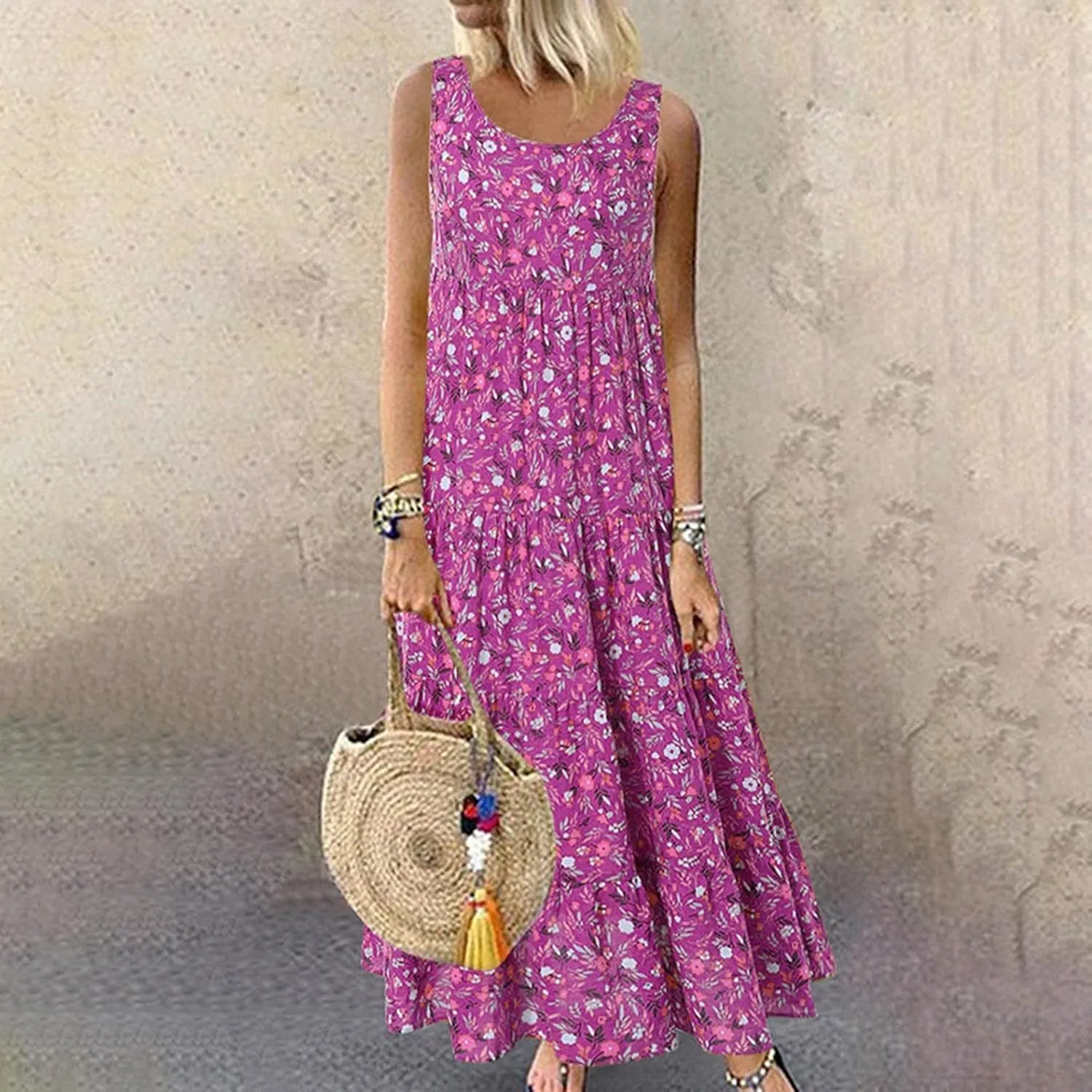 Linen Dresses for Women 2025 Fashion Floral Print Sleeveless Crewneck Sundresses Vacation Summer Boho Maxi Dresses