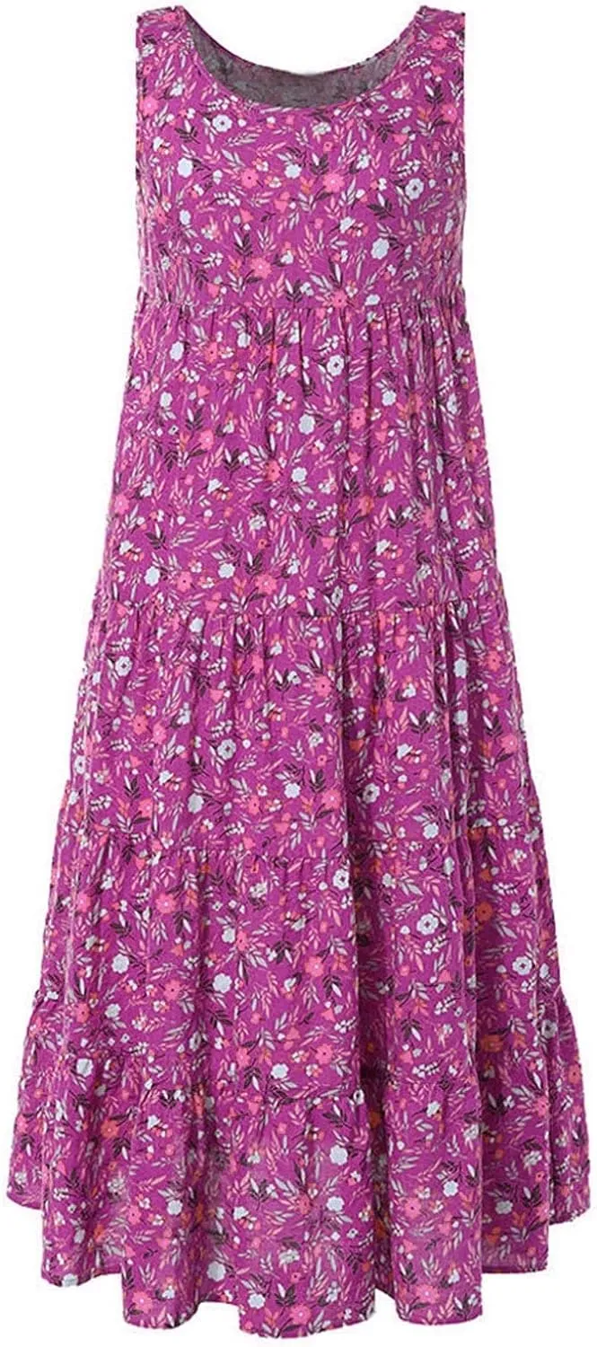 Linen Dresses for Women 2025 Fashion Floral Print Sleeveless Crewneck Sundresses Vacation Summer Boho Maxi Dresses