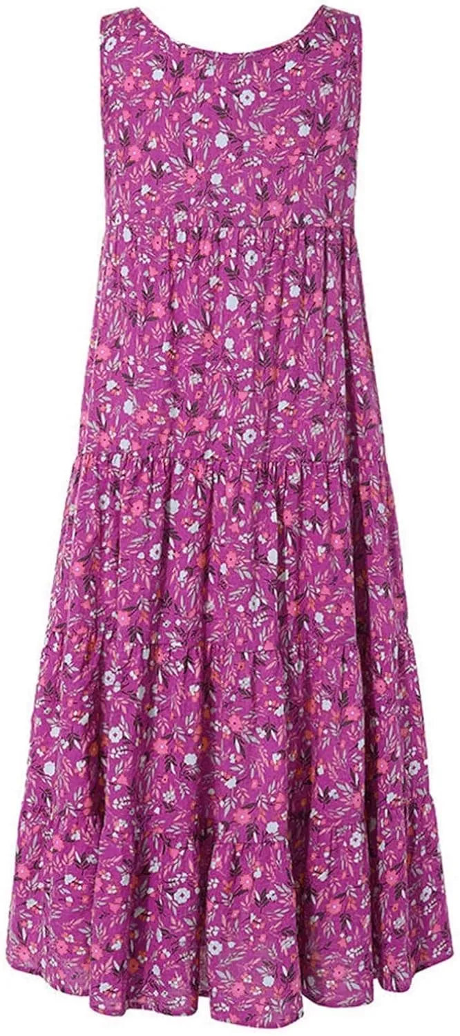Linen Dresses for Women 2025 Fashion Floral Print Sleeveless Crewneck Sundresses Vacation Summer Boho Maxi Dresses