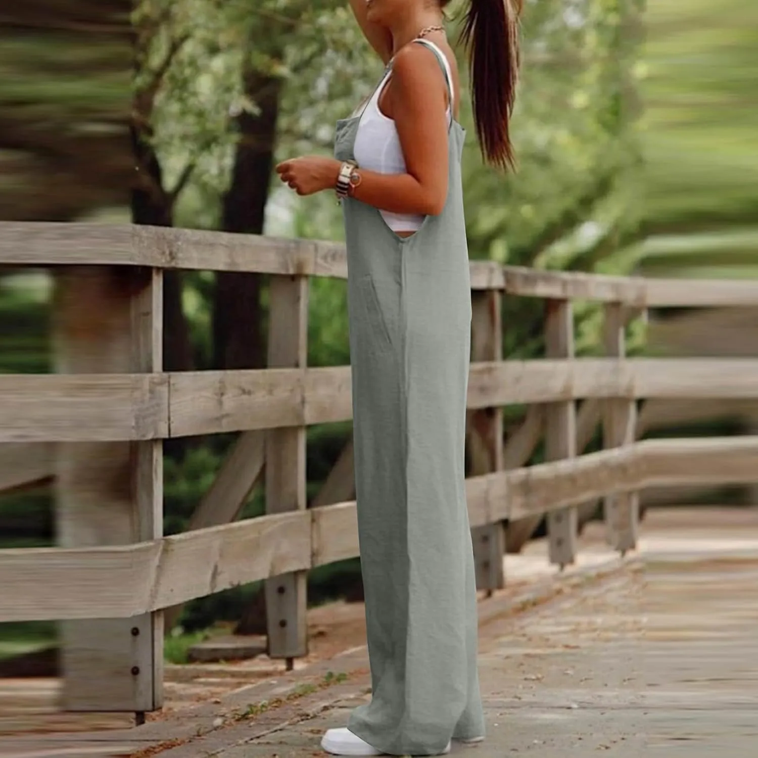 Linen Overalls for Women Loose Fit Wide Leg One Piece Jumpsuits Summer Casual Sleeveless Straps Rompers with Pockets