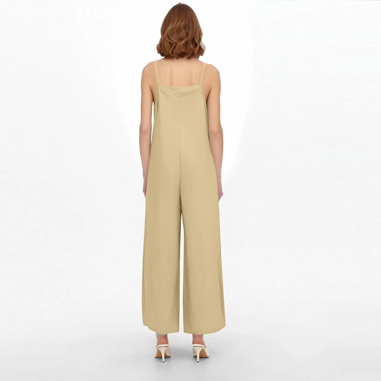 Linen Overalls for Women Loose Fit Wide Leg One Piece Jumpsuits Summer Casual Sleeveless Straps Rompers with Pockets