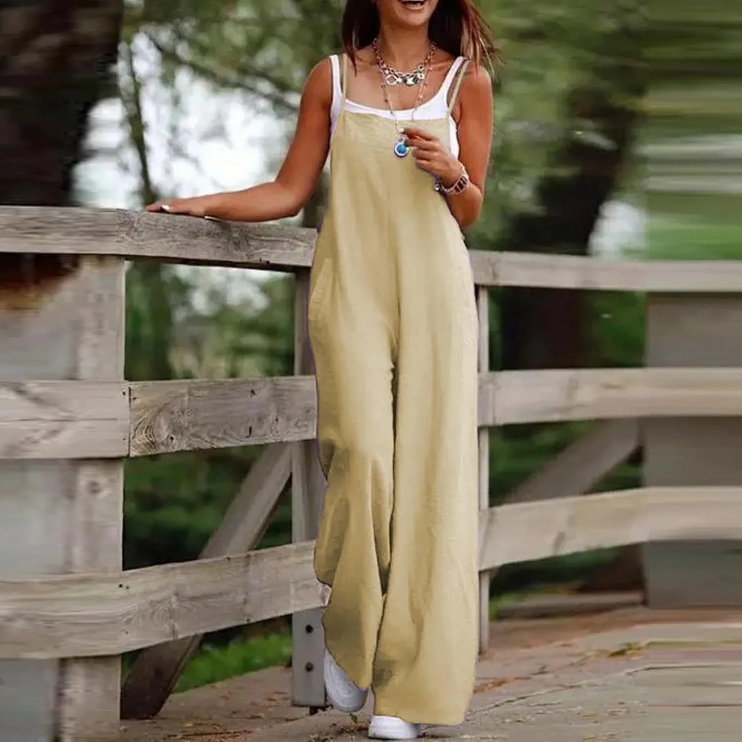 Linen Overalls for Women Loose Fit Wide Leg One Piece Jumpsuits Summer Casual Sleeveless Straps Rompers with Pockets