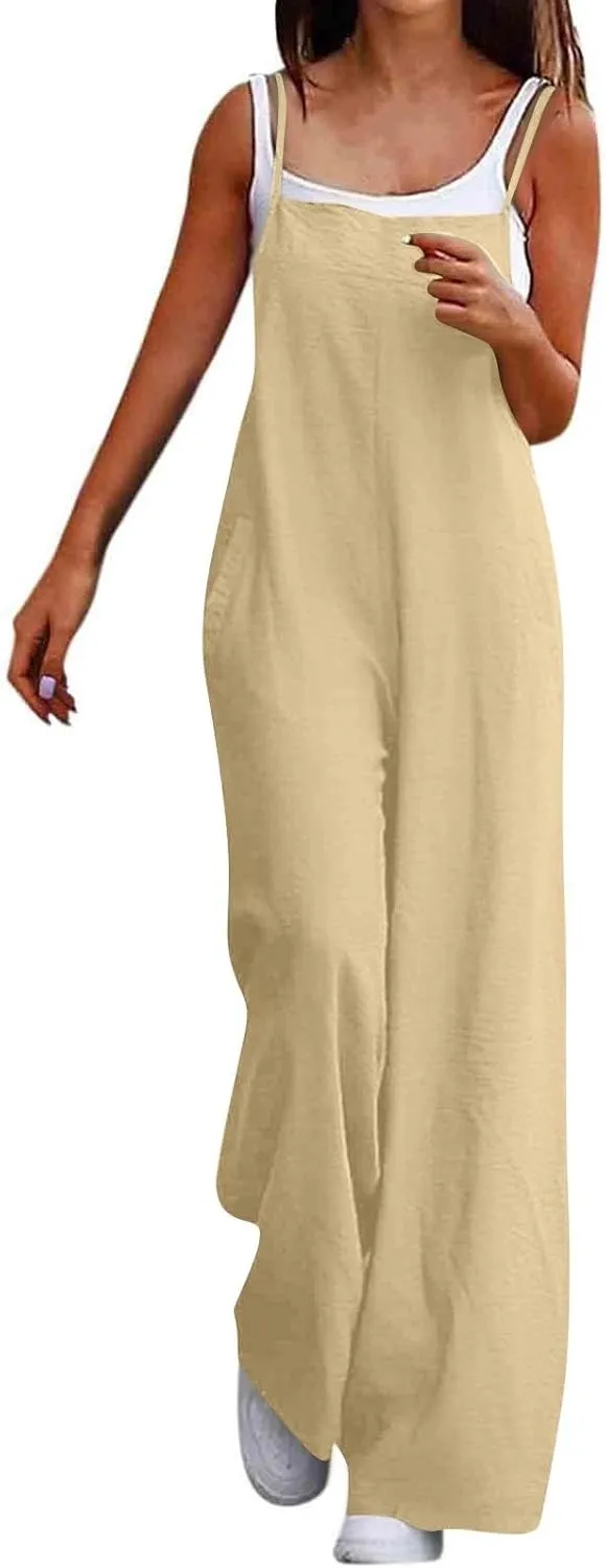 Linen Overalls for Women Loose Fit Wide Leg One Piece Jumpsuits Summer Casual Sleeveless Straps Rompers with Pockets