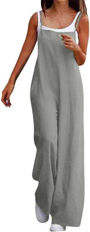 Linen Overalls for Women Loose Fit Wide Leg One Piece Jumpsuits Summer Casual Sleeveless Straps Rompers with Pockets