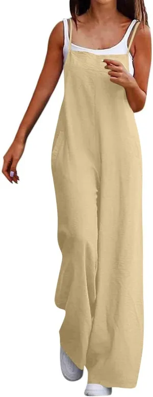 Linen Overalls for Women Loose Fit Wide Leg One Piece Jumpsuits Summer Casual Sleeveless Straps Rompers with Pockets