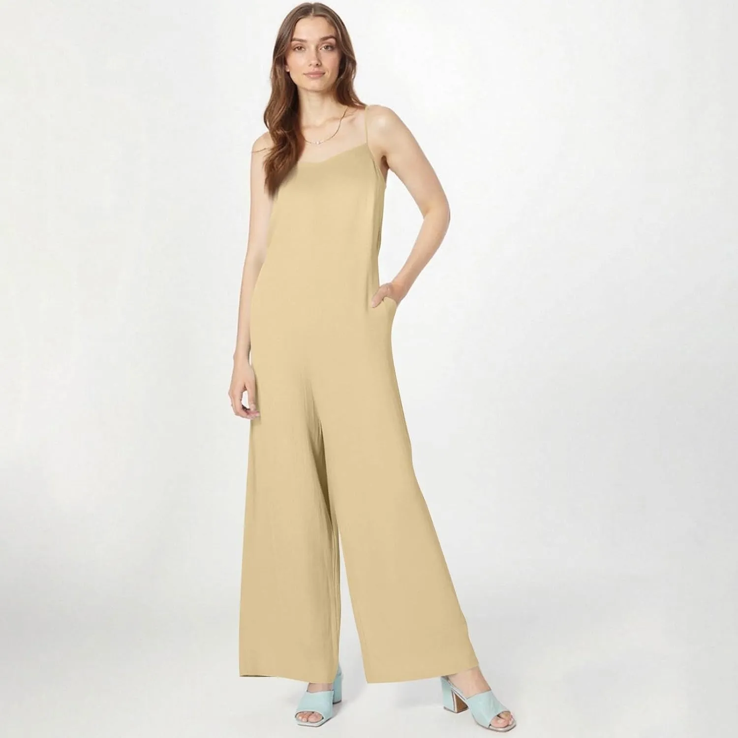 Linen Overalls for Women Loose Fit Wide Leg One Piece Jumpsuits Summer Casual Sleeveless Straps Rompers with Pockets
