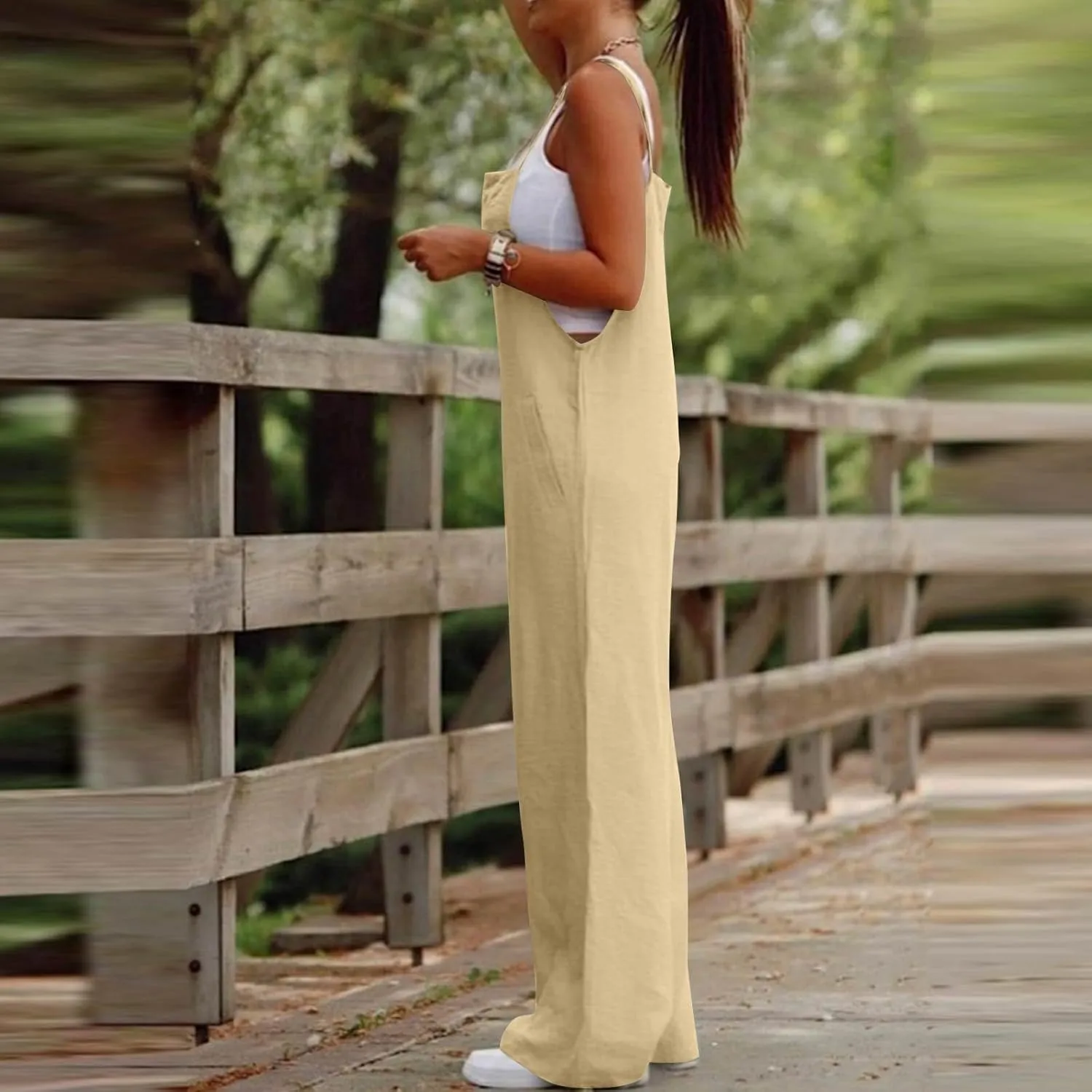 Linen Overalls for Women Loose Fit Wide Leg One Piece Jumpsuits Summer Casual Sleeveless Straps Rompers with Pockets
