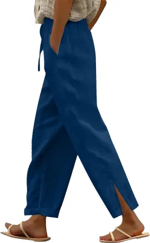 Linen Pants for Women 2025 Summer High Waist Elastic Drawstring Straight Leg Lounge Casual Lightweight Beach Trousers