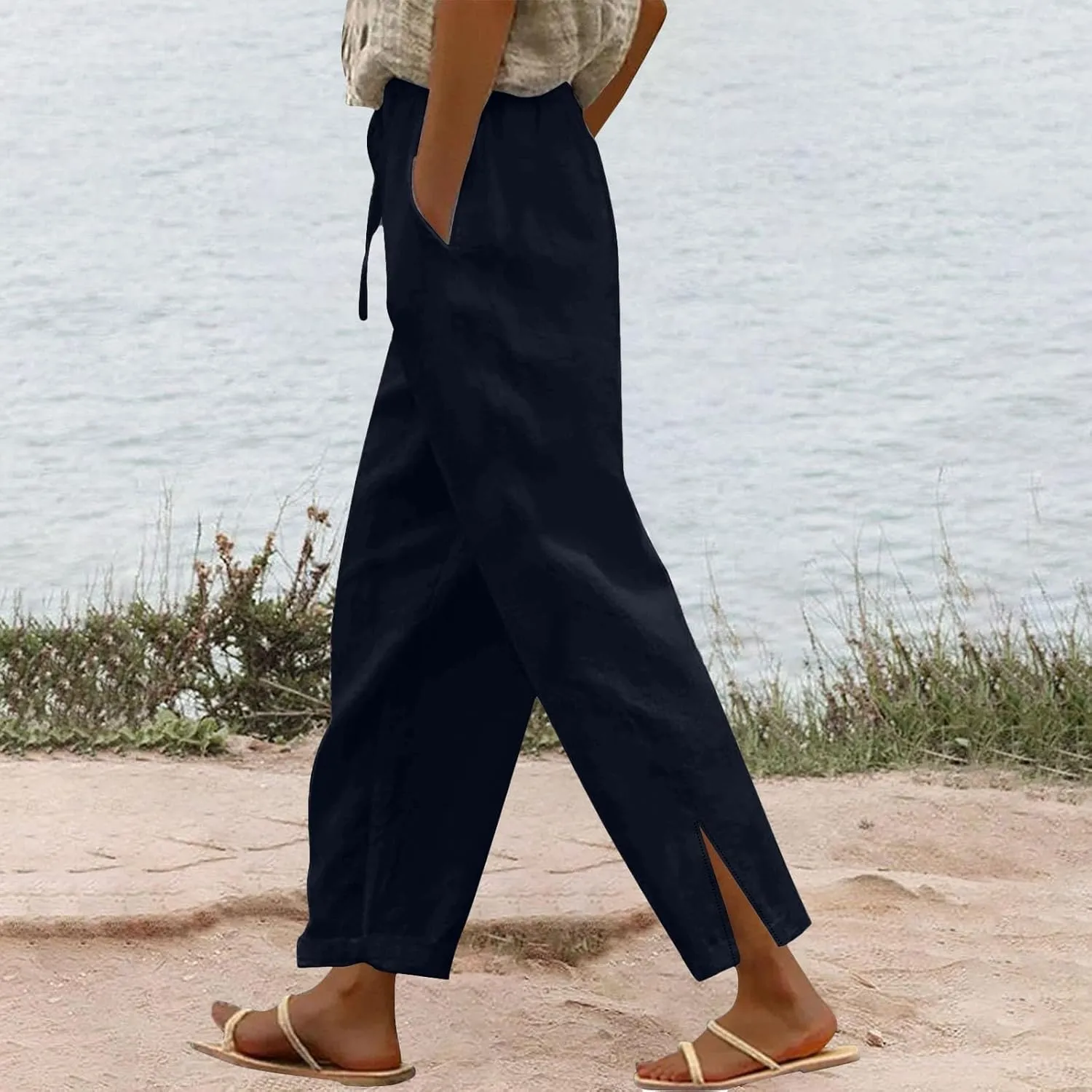 Linen Pants for Women 2025 Summer High Waist Elastic Drawstring Straight Leg Lounge Casual Lightweight Beach Trousers