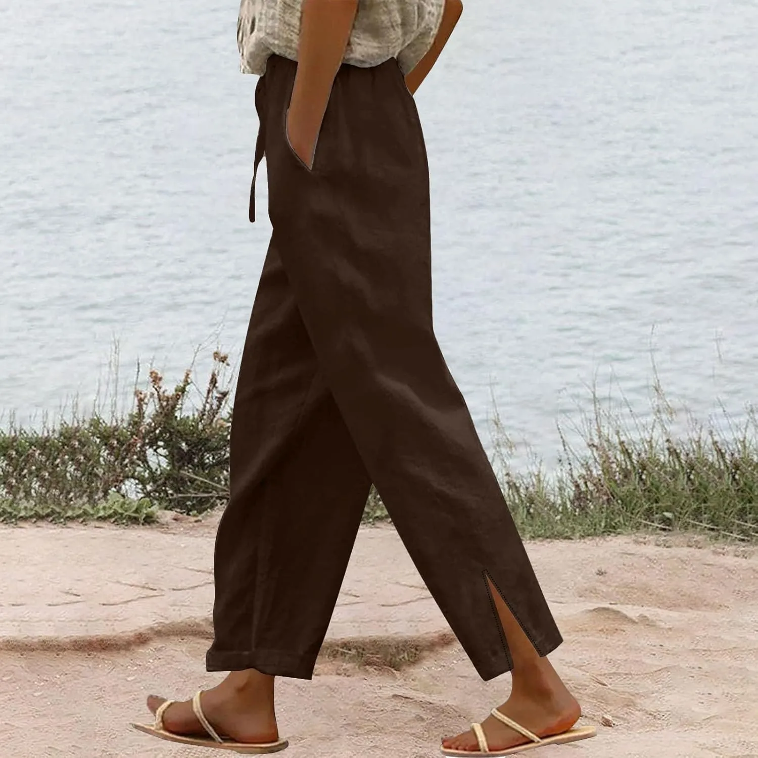 Linen Pants for Women 2025 Summer High Waist Elastic Drawstring Straight Leg Lounge Casual Lightweight Beach Trousers