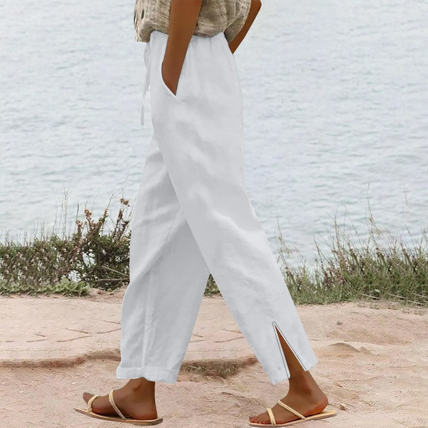 Linen Pants for Women 2025 Summer High Waist Elastic Drawstring Straight Leg Lounge Casual Lightweight Beach Trousers