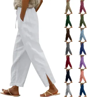 Linen Pants for Women 2025 Summer High Waist Elastic Drawstring Straight Leg Lounge Casual Lightweight Beach Trousers