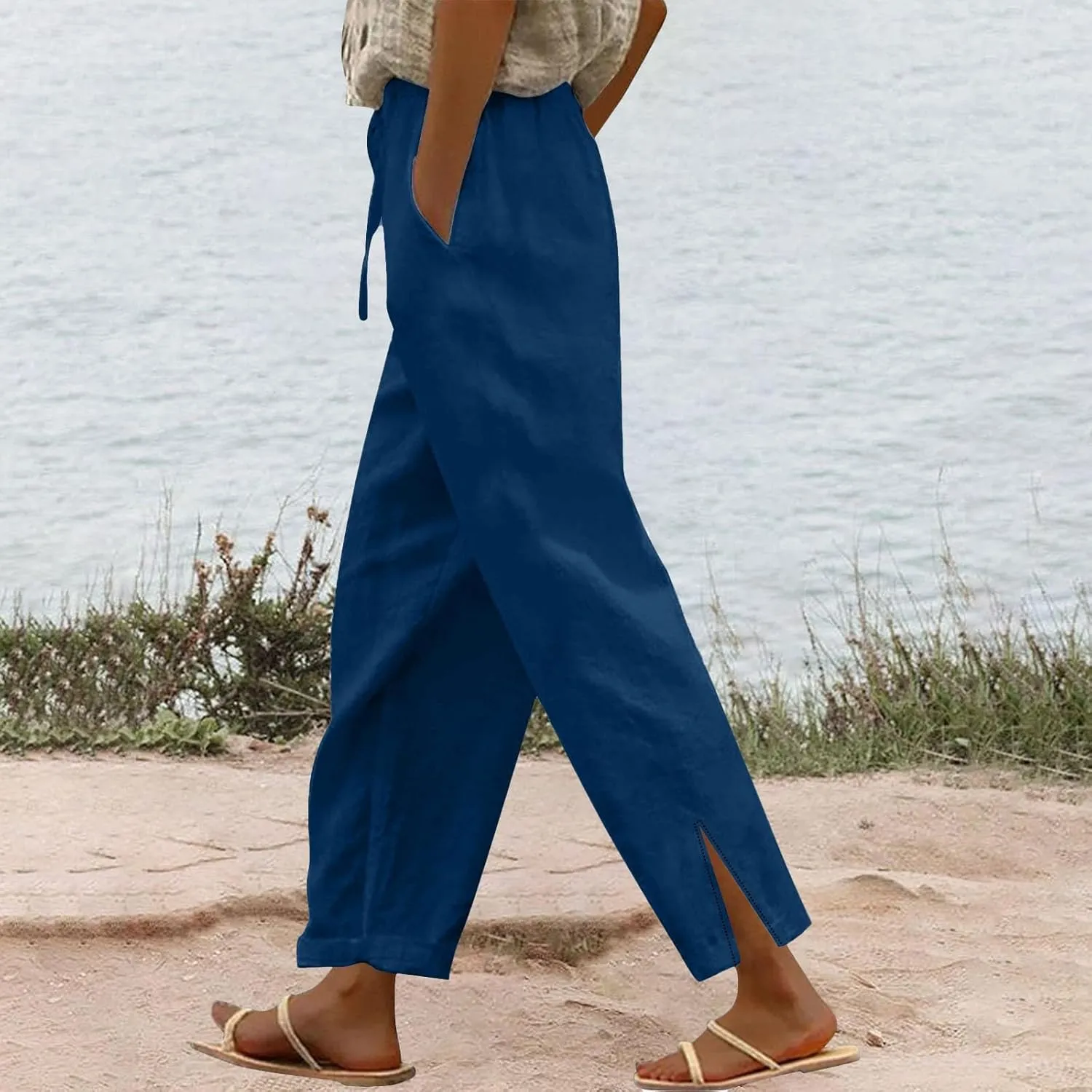 Linen Pants for Women 2025 Summer High Waist Elastic Drawstring Straight Leg Lounge Casual Lightweight Beach Trousers
