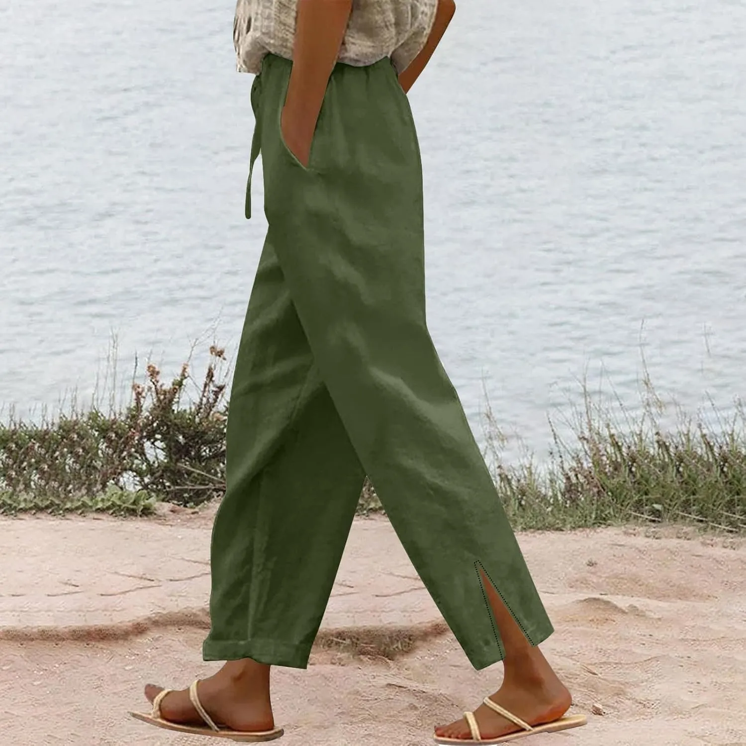 Linen Pants for Women 2025 Summer High Waist Elastic Drawstring Straight Leg Lounge Casual Lightweight Beach Trousers