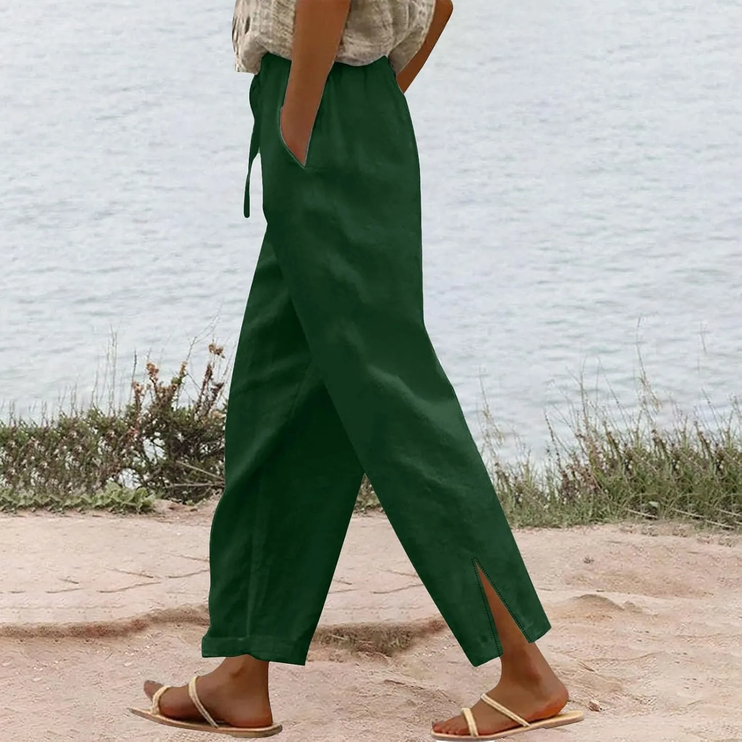 Linen Pants for Women 2025 Summer High Waist Elastic Drawstring Straight Leg Lounge Casual Lightweight Beach Trousers