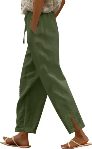 Linen Pants for Women 2025 Summer High Waist Elastic Drawstring Straight Leg Lounge Casual Lightweight Beach Trousers