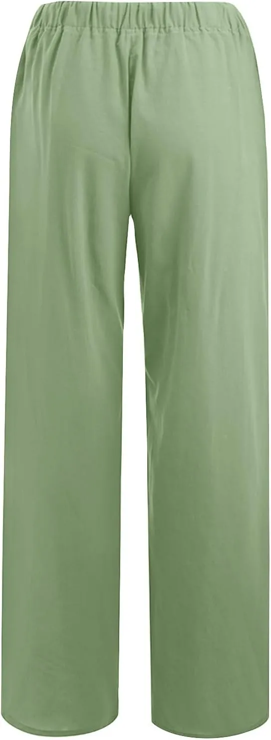 Linen Pants Women Summer Casual Drawstring Wide Leg Palazzo Pants Elastic Waist Cotton Lounge Trousers with Pockets